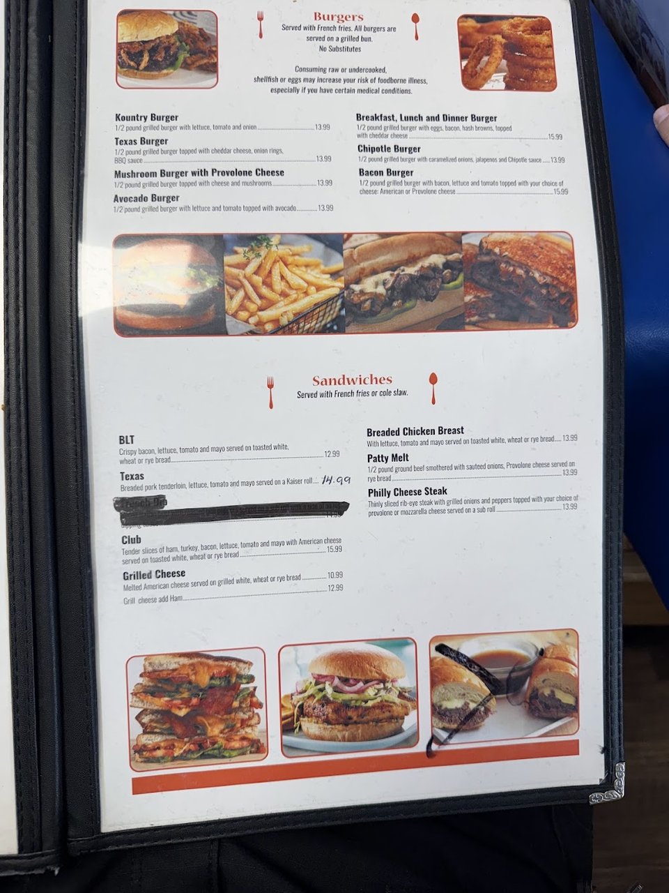 Po boy sandwiches and seafood dishes listed.