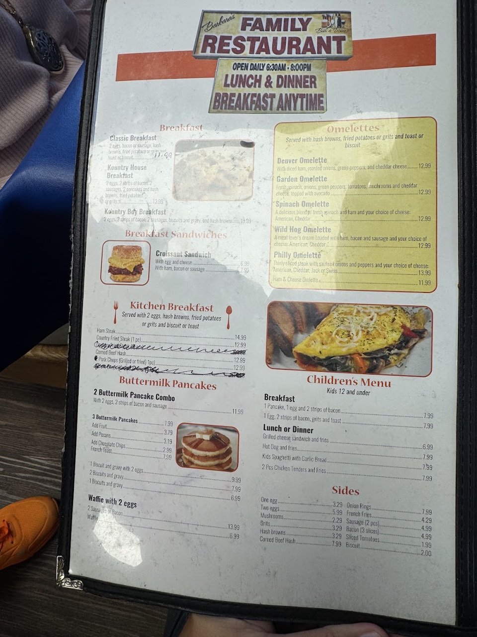 Menu page from a casual American restaurant.