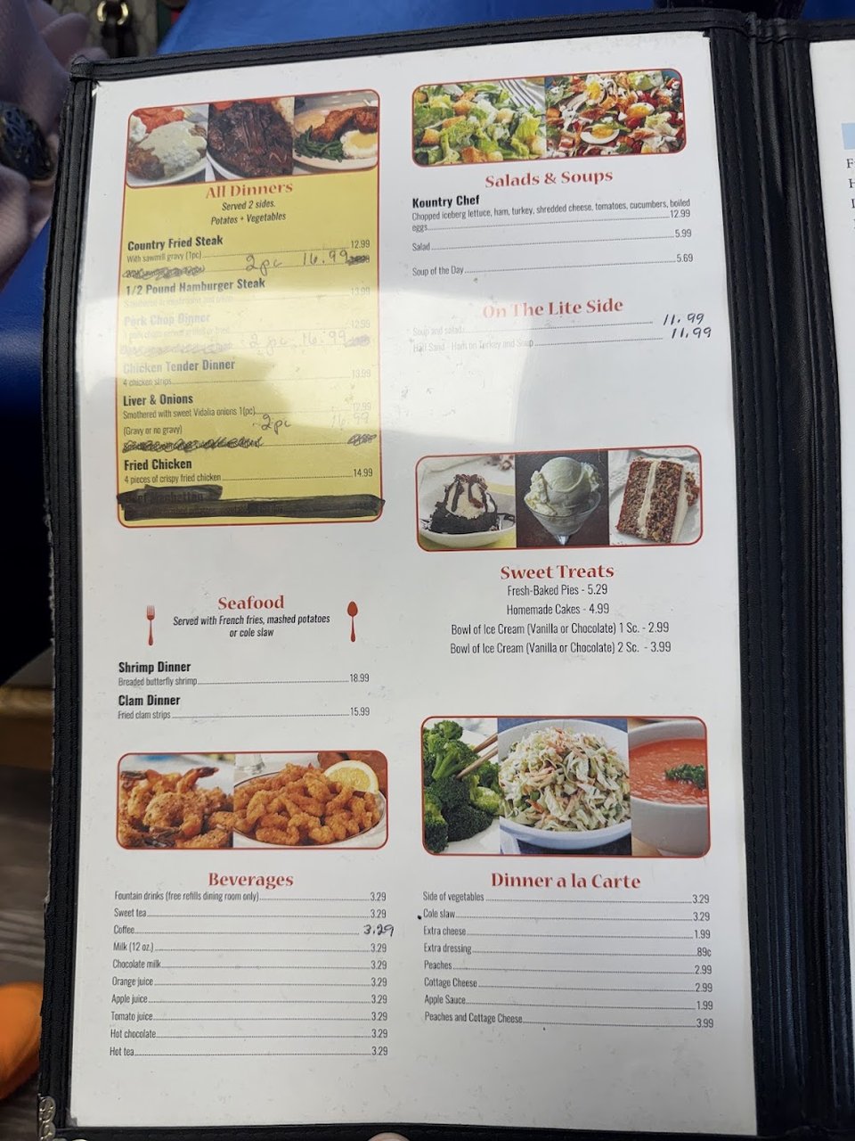 Breakfast and lunch options on a diner menu.